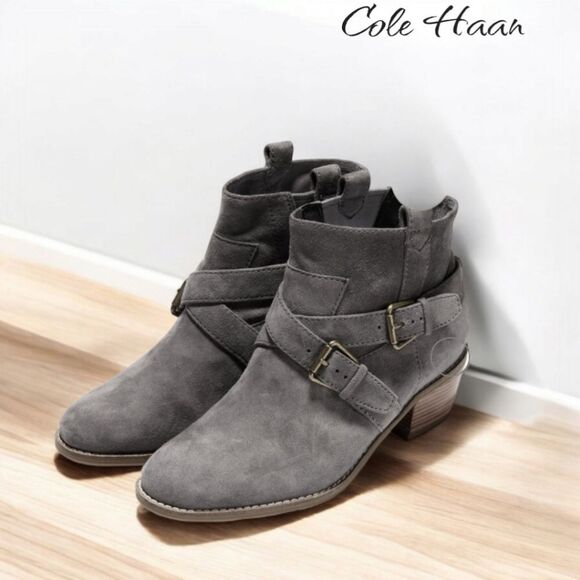 COLE HAAN Storm Cloud Suede Gray Women's Jensen Ankle Bootie Size 8 - Picture 1 of 16